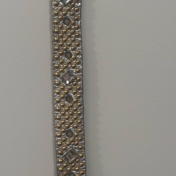genuine leather belt silver strap with sparkling rhinestones and gold bulb studs - Picture 2 of 12